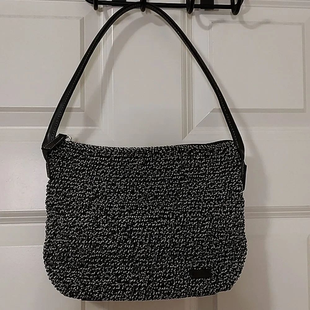 Le Sac Elliott Lucca Crocheted Leather Shoulder Bag Black White Tweed